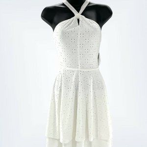 Sequin Hearts Day White Zip Up Halter Dress With V
